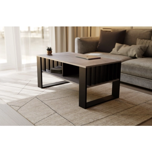 Stolik kawowy ST14 BET z lamelami Ława Beton/Czarny z półką loft